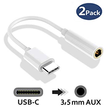 USB C Headphone Jack Adapter,[2 Pack] Type-C to 3.5mm Headset Dongle Speaker Earphone Stereo Audio for Huawei, LG, Honor, Lenovo, Samsung Galaxy and Most Android Phone (White) …