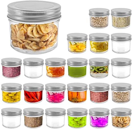 TGJOR 4 OZ Mason Jars, Glass Jars with Silver Metal Airtight Lids, DIY Spice Jars, Canning jars for Honey, Salt, Jams, Candy, Nuts, Candle, Labels and Pen Included (24 packs)
