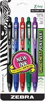 Zebra Pen Z-Grip Retractable Ballpoint Pen, Medium Point, 1.0mm, Assorted Colors - 5 Pieces