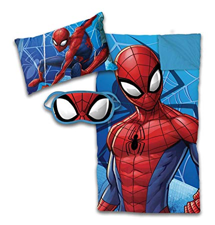 Jay Franco Marvel Spiderman 3 Piece Sleepover Set - Cozy & Warm Kids Slumber Bag with Pillow & Eye Mask (Official Marvel Product)