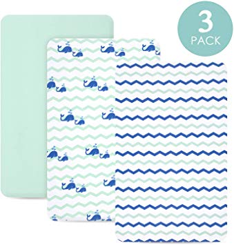 TILLYOU Jersey Knit Whale Pack N Play Sheets, Mini Portable Crib Sheets Set Fitted for Girls, Ultra-Soft Breathable Hypoallergenic Playard Playpen Sheets, Ocean Theme