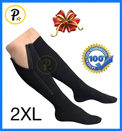 Presadee Original Closed Toe 20-30 mmHg YKK Zipper Compression Circulation Swelling Recovery Full Calf Length Energize Leg Socks (Black, 2XL)