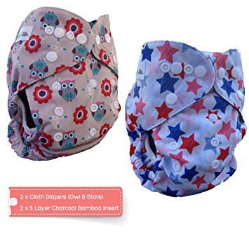 Angelicware Baby Cloth Diapers - One Size Set (2 Pack) Owl & Stars. Reusable Bamboo Pocket Diaper Cover   5 Layer Inserts   eBOOK