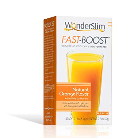 FAST BOOST Thermogenic Energy Boosting Powder Drink Mix by WonderSlim - Antioxidant Drink Mix - With Green Tea, Ginseng, Quercetin and Gingko Biloba – Natural Orange Flavor (14 packets)