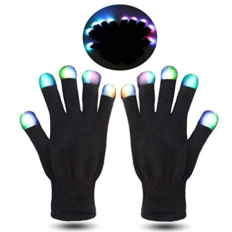 MUCH LED Gloves Finger Lights Fingertips Flashing 3 Colors 7 Modes Black Rave Gloves Halloween Costume Party Favors Light Up Toys Novelty (Black)