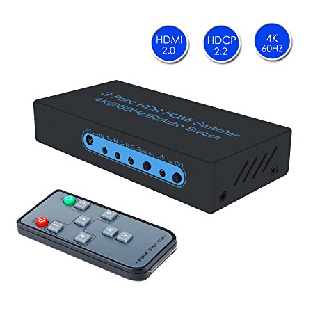 4K@60Hz HDMI Switch 3x1 FiveHome 3 Port HDMI Switcher Support Auto Switch with IR Wireless Remote,HDMI 2.0, HDCP 2.2,Full HD/3D