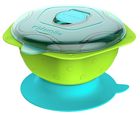 Kidsmile Stay Put and Spill-Proof Baby Feeding Bowl with Super Strong Suction Base, Air Damper, Snap Tight Lids, Pentagonal Non-Skid Handles and Raised Star Skip-Proof Design, Green, 1-Pack