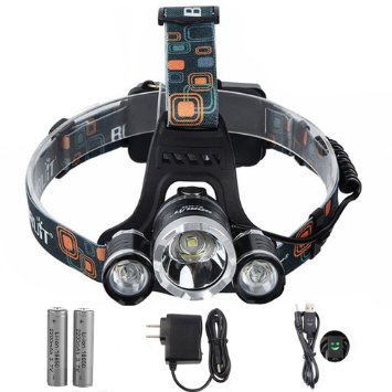 Super Bright 3 Beads 4 Modes Waterproof LED Headlamp with 2 Rechargeable 18650 Batteries