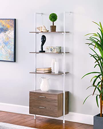 Ohuhu 3-Tier Industrial Bookshelf with Wood Drawers and Matte Steel Frame, Vintage Display Case Storage Shelves Bookcase Plant Flower Stand for Living Room Furniture Home Office