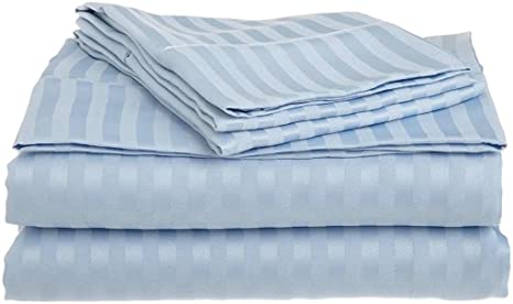 6-Piece Bed Sheet Set 400 TC 100% Egyptian Cotton Super Soft Long Staple, Italian Finish Fitted Sheet fits Upto 19” deep Pocket Mattress Queen XL, Light Blue Stripe