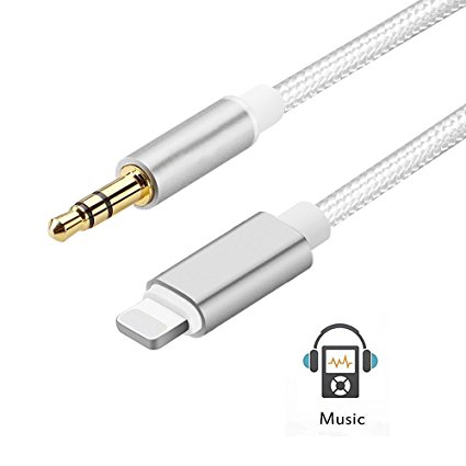 iPhone 7 Aux Adapter, Sprtjoy Lightning to 3.5mm Audio Jack Cable Premium Nylon Car Aux Cable Adapter Car Stereo for iPhone 7/7 Plus Not Support IOS 11 (Silver)