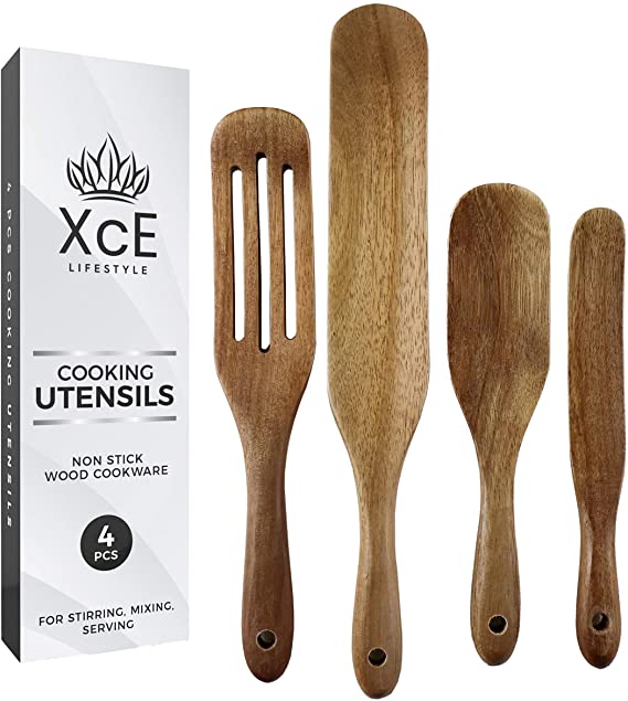 XcE Cooking Utensils Spurtle set, 4 Pcs Natural Acacia Kitchen Utensil Set Heat Resistant Non Stick Wood Cookware with Hanging Hole, Slotted Spurtle Spatula Sets for Stirring, Mixing, Serving