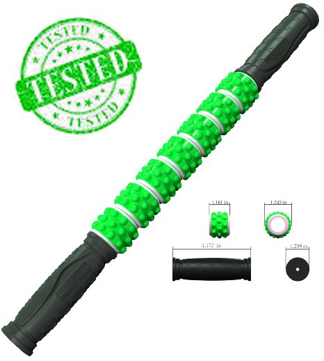 The Muscle Stick Elite - Rubber Massage Roller - Better Than Foam Roller - Deep Tissue Muscle Recovery - Trigger Point Relief of Soreness - No Flex Perfect Pressure - Guaranteed - Green Knobby Soft