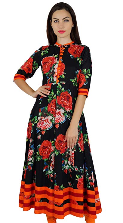 Bimba Women Floral Printed Black Cotton Kurta Mandarin Collar Anarkali Kurti Indian Designer Ethnic Dress