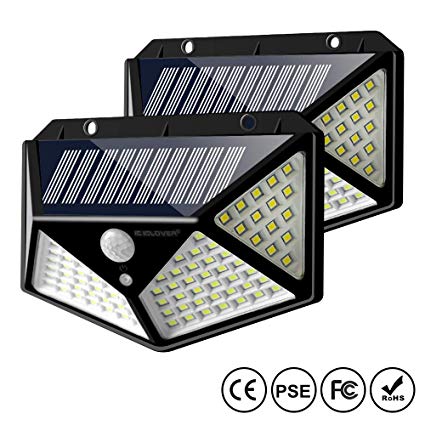 Solar Motion Sensor Lights Outdoor, IC ICLOVER New Upgraded 100 LED Waterproof Security Wall Night Light with 【270° Wide Angle】【3 Optional Modes】for Garden,Patio Yard,Fence,Deck Garage,Porch -2 Pack