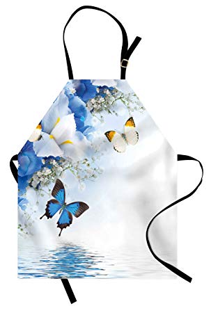 Ambesonne Floral Apron, Blue and White Wild Flowers with Monarch Butterflies Lily Therapy Spa Art Prints, Unisex Kitchen Bib with Adjustable Neck for Cooking Gardening, Adult Size, Purple Blue