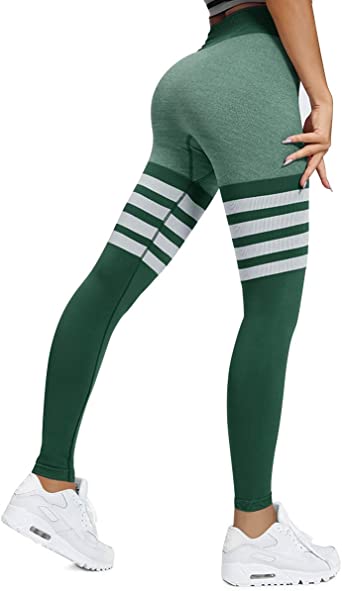 HURMES Seamless Workout Booty Thigh High Sock Leggings for Women Striped High Waisted Tummy Control Vital Ombre Yoga Pants Butt Lifting Gym Tights Green