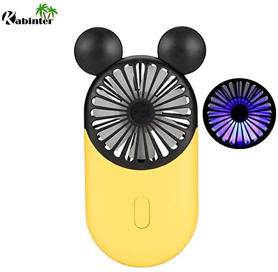 Kbinter Cute Personal Mini Fan, Handheld & Portable USB Rechargeable Fan with Beautiful LED Light, 3 Adjustable Speeds, Portable Holder, for Indoor Or Outdoor Activities, Cute Mouse (Yellow)