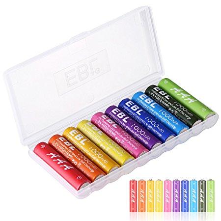 EBL AAA Rechargeable Batteries 1000mAh Ni-MH 10 Pack 1200 Cycles Rainbow Batteries with Battery Case