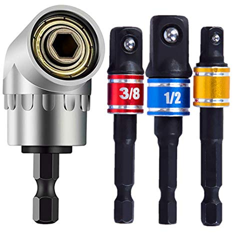 Power Hand Tools, Drill Bits Set, 3Pcs 1/4" 3/8" 1/2" Cr-V Hex Shank Impact Grade Driver Socket Adapter/Extension Set Drill Bit with 105 Degree Right Angle Screwdriver set Drill Hex Bit Socket Adapter