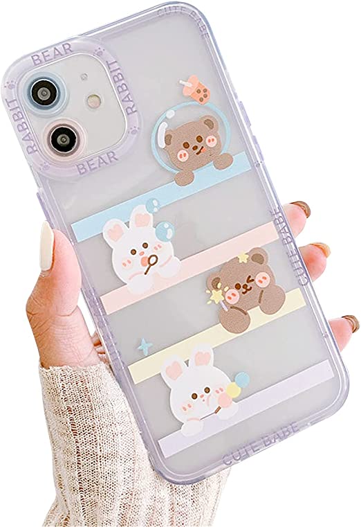 Ownest Compatible with iPhone 11 Case Clear Cute Rabbit Bear Sweet Strawberry Pattern Design for Women Girls Fashion Slim Soft Flexible TPU Rubber for iPhone 11-Purple