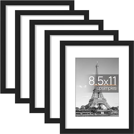 upsimples 8.5x11 Picture Frame Set of 5, Display Pictures 5.5x7.5 with Mat or 8.5x11 Without Mat, Wall Gallery Photo Frames, Black