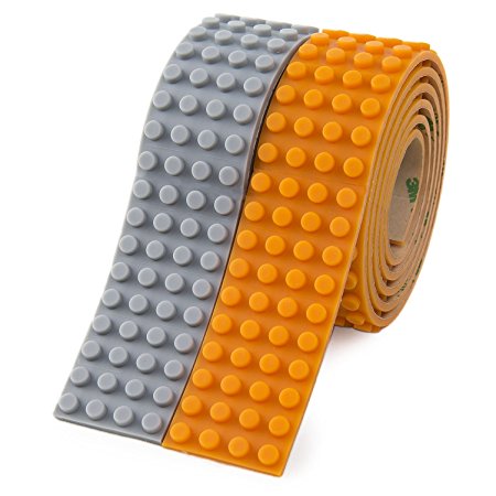 Building Block Tape for Kids, Lego Brick Compatible Silicone Tape Roll with 3M Adhesive Stripes, Construction Wall Tapes, Toy Gift for Boys & Girls (4 studs, Orange Gray)