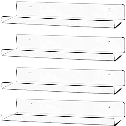 Cq acrylic 15" Invisible Acrylic Floating Wall Ledge Shelf, Wall Mounted Nursery Kids Bookshelf, Invisible Spice Rack, Clear 5MM Thick Bathroom Storage Shelves Display Organizer, 15" L,Set of 4