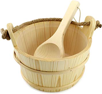 Cornucopia Wooden Sauna Bucket with Ladle, Pinewood Pail with Rope Handle and Liner with Matching Wooden Spoon