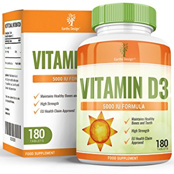 Vitamin D3 5000 IU - High Strength Vit D Cholecalciferol - High Absorption Tablet - 180 Tablets (6 Months Supply) by Earths Design