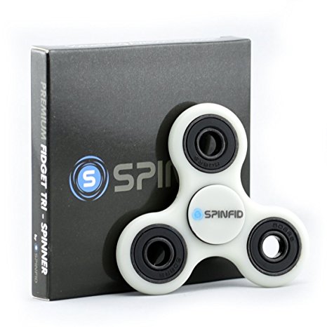 NEW 2017 Spinfid Fidget Spinner Premium Quality /NON 3D Printed/ Ceramic Bearing Spins up to 4 Minutes, Tri Spinner Ultra Durable Frame, GLOWS in the Dark - White