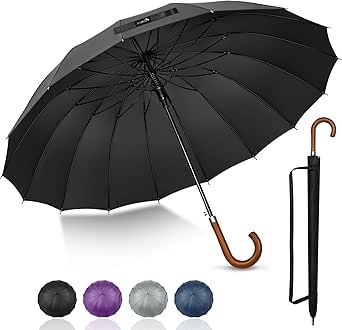 ZOMAKE Large Stick Umbrella With Wood Hook Handle 55 Inch - Automatic Open Classic Golf Umbrellas Windproof 16 Ribs - Curved Handle Business Umbrella Cane, Long Umbrella J Hook for Gentlemen Women