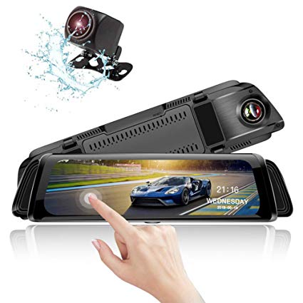 ZOMFOM 10"Touch Full Screen Streaming Media,View Mirror Dash Cam,Dual-Lens Photography 1080P AHD Waterproof Backup Camera with 24H's Parking Monitor,WDR Night Vision,Loop Recording,G-Sensor