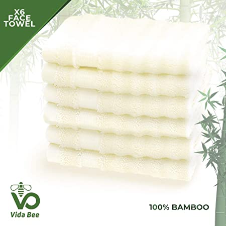 Vida Bee Antibacterial 100% Natural Bamboo | Softer Than Cotton Towels | Sensitive Skin, Babies | 80% Larger |Six 30x34 cm_ Serviettes Plus Douces que de Coton | Peaux Sensibles, Bébés | 80% Plus Grand