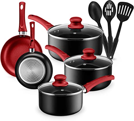 Chef's Star 11 Piece Pots and Pans Set Non-Stick Induction Ready 100% APEO, PFOA and PFOS Free (Red)