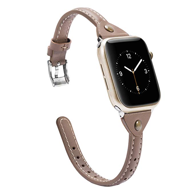 Wearlizer Thin Tan Leather Compatible with Apple Watch Bands 42mm 44mm iWatch Slim Strap Womens Mens Wristbands Leisure Exclusive Bracelet (Metal Silver Buckle) Series 4 3 2 1 Nike  Edition Sports