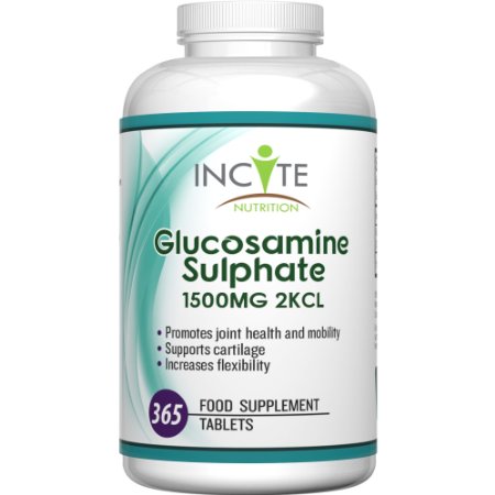 Glucosamine Sulphate 1500 MG High Strength Supplement MONEY BACK GUARANTEE Buy 2 and get FREE DELIVERY 2KCL 365 Tablets 1 Years Supply - Chondroitin - Not Gel Capsules Liquid Or Powder - Benefits Include Joint Support Joint Care and Improves Arthritis - Manufactured in the UK