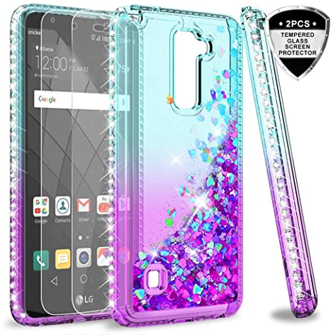 LeYi Compatible for LG Stylo 2 V/Stylo 2/Stylo 2 Plus/Stylus 2 Case with Tempered Glass Screen Protector for Girls Women, Glitter Clear Phone Cover for LG LS775 ZX Teal/Purple