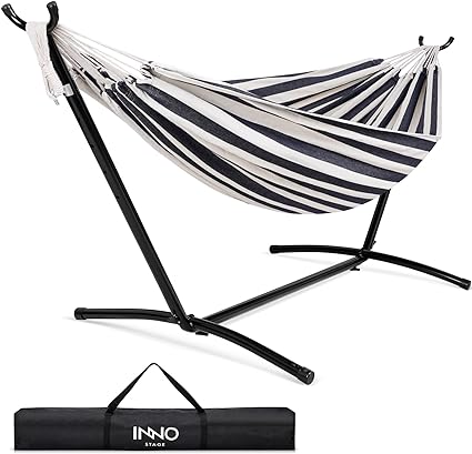 INNO STAGE Double Hammock with Space Saving Steel Stand Included, Portable Hammock with Stand, 2 Person Hammock with Stand for Backyard, Patio, Camping, Garden, with Carrying Case, 450LBS Capacity