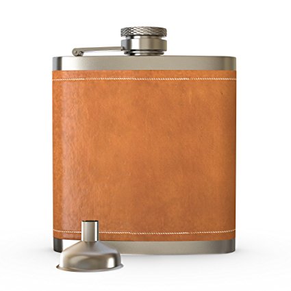 Flask Brown Leather, Hip Flask, Stainless Steel, 8 Oz. Brown Leather Wrapping Flask