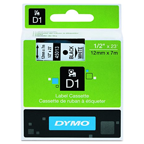 DYMO Labeling Tape, " x 23', Black Print on White Tape (45013) D1 Label Cassette, Split Back Easy Peel Adhesive