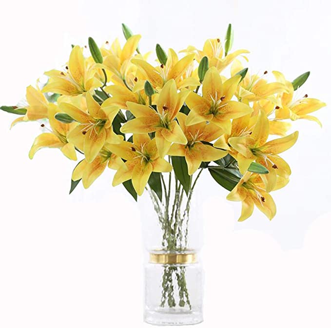 LNHOMY 6 Pack Artificial Lily Flowers Full Bloom Fake Latex Real Touch Artificial Flower Bouquets with 3 Heads Wedding Party Decor Home Décor (Yellow)