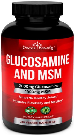 Glucosamine Sulfate Supplement 2000mg per serving with MSM - 240 Small Vegetarian Capsules - No Shellfish GMOs or Harmful Additives