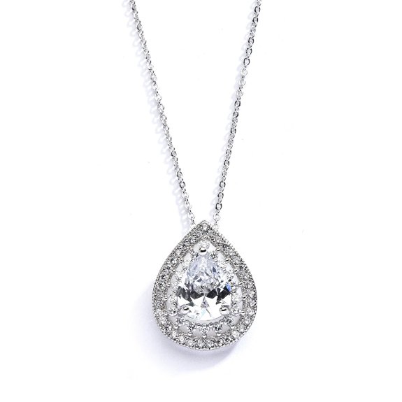 Mariell Micro-Pave CZ Framed Pear-Shaped Solitaire Necklace Pendant - Designer Vintage Bridal Jewelry