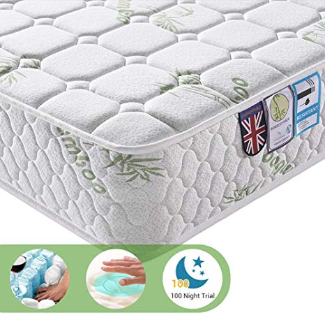 Lv. life King Size Bamboo Fiber Mattress, 5FT King Size Pocket Sprung and Memory Foam Mattress Pressure Relief with 9-Zone Support System - 100 Nights Trial