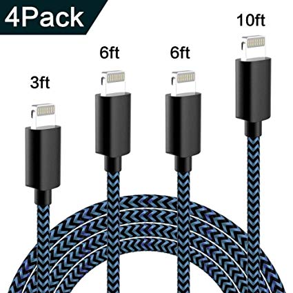 TNSO Phone Cable 4 Pack [3/6/6/10FT] Extra Long Nylon Braided USB Charging & Syncing Cord Compatible iPhone Charger X/8/8Plus/7/7Plus/6S/6S Plus/SE/iPad/Nan More(Black& Blue)