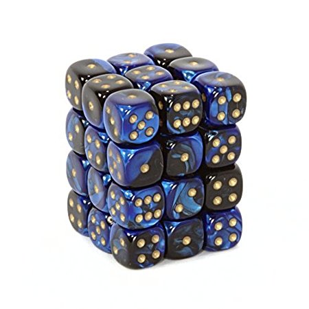 Chessex Dice d6 Sets: Gemini Black & Blue with Gold - 12mm Six Sided Die (36) Block of Dice