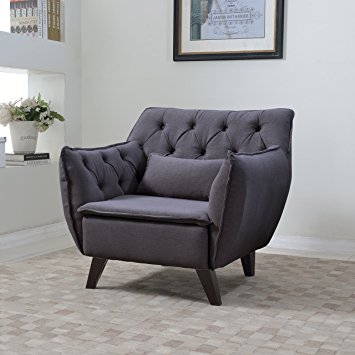 Mid Century Modern Tufted Linen Fabric Living Room Accent Chair in Colors Dark Grey, Light Grey, and Purple (Dark Grey)