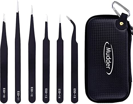 6 Pieces Precision Tweezers Set Anti-Static ESD Tweezers Kit Non-Magnetic ESD Tweezers with Storage Bag, Stainless Steel Tweezers Kit Curved Tweezers for Craft, Jewelry, Electronics, Laboratory Work