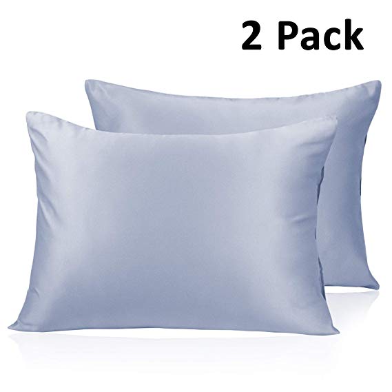 Adubor Silk Satin Pillowcase 2 Pack Silky Pillow Cases for Hair and Skin, Hypoallergenic Anti-Wrinkle, Super Soft and Luxury Pillow Cases Covers with Envelope Closure (Light Blue, 20x26)